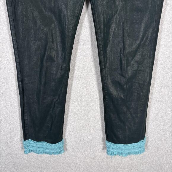 NYDJ Jeans 10 Forest Green Waxed Coated Fringe Boho Festival Lift Tuck Turquoise - Picture 3 of 14